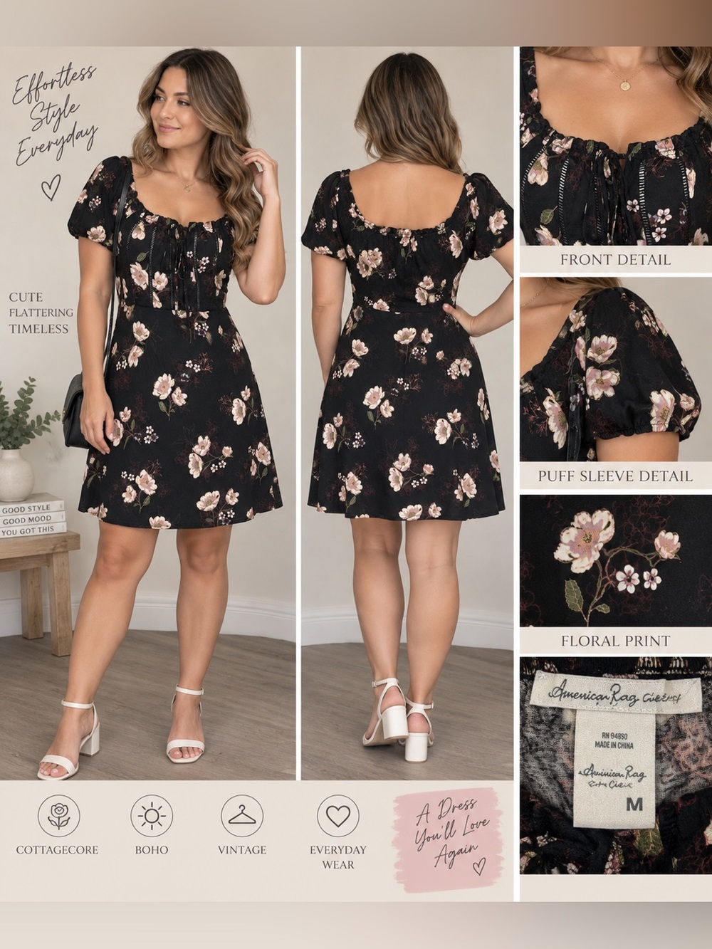 American Rag Black Floral Puff Sleeve Mini Dress Size Medium
